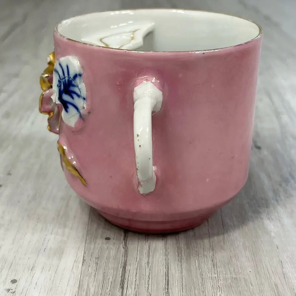 Vintage Victorian Raised Floral Accent Gold Trim Mustache Guard Mug Cup Decor